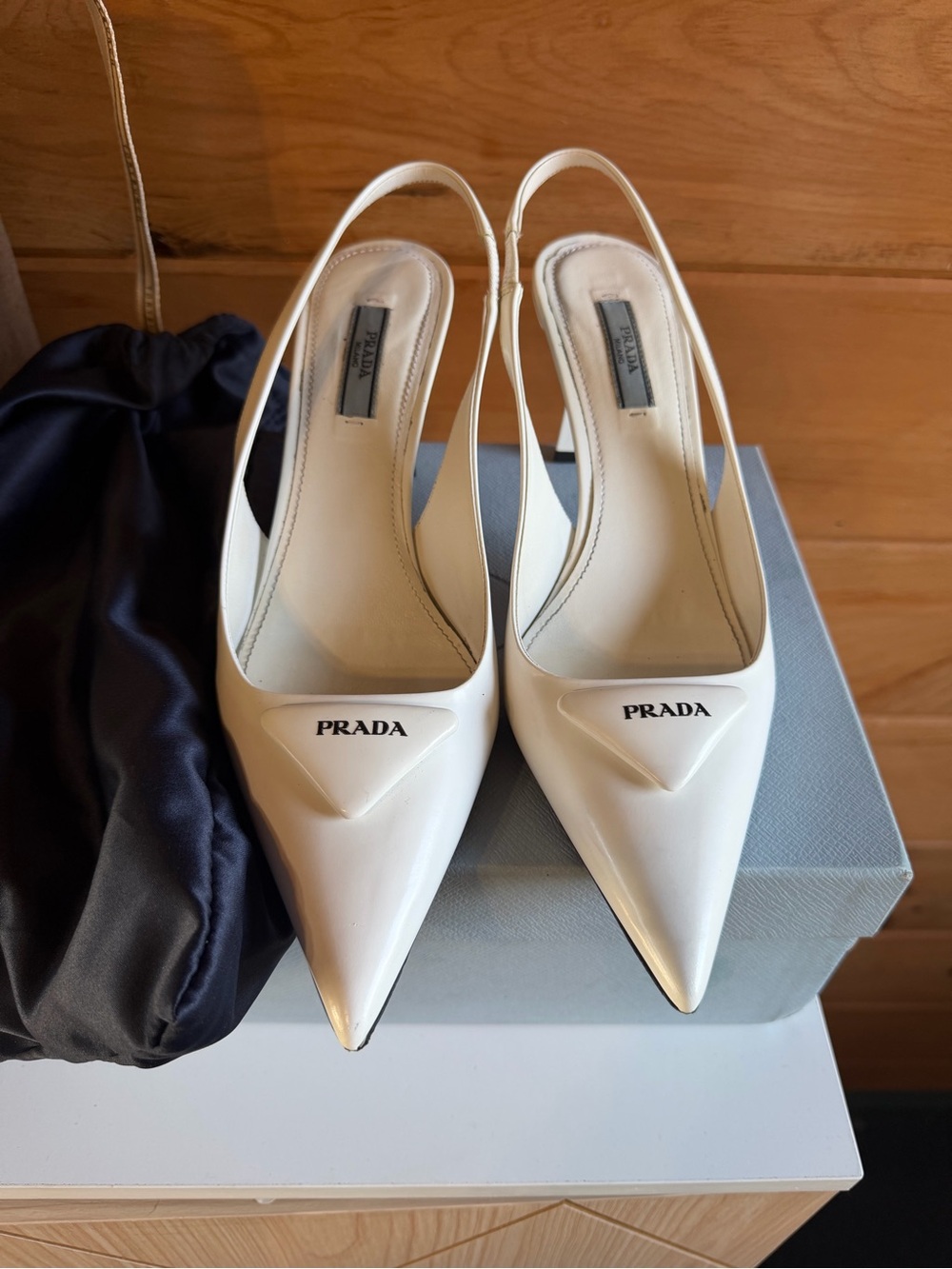 Prada White Pointed Patent Slingback Pumps